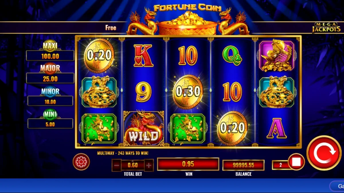 Interface do slot Fortune Coin Mega Jackpot com moedas douradas e dragões
