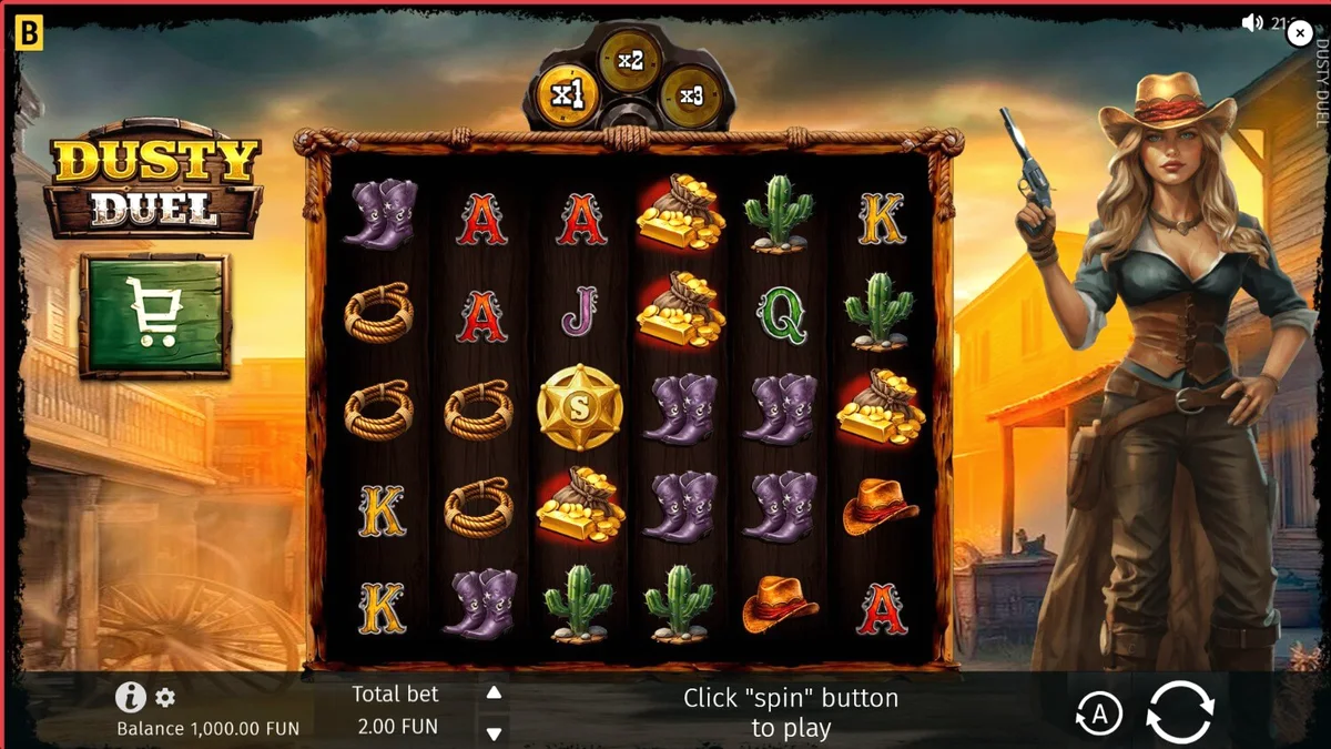 Cena de jogo do slot Dusty Duel com tema de Velho Oeste