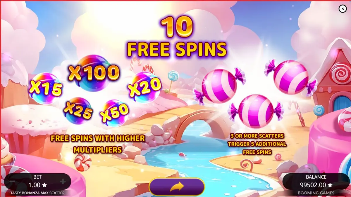 Captura de tela do jogo Tasty Bonanza Max Scatter, mostrando uma grade colorida de doces e recursos de bônus flutuando.